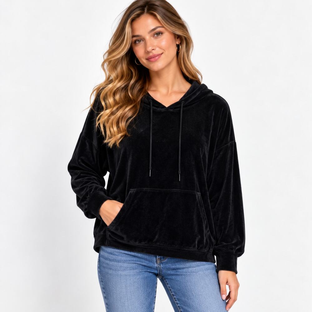 Green Tea Velvet Pullover Hoodie Women's Size XXL Black Minimalist Casual Goth